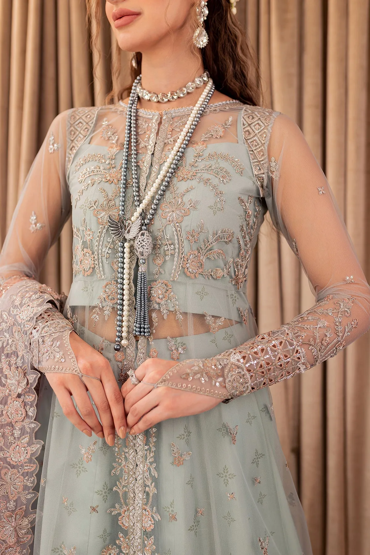 Aqua Blue Embroidered Gown Style Lehenga Pakistani Wedding Dress