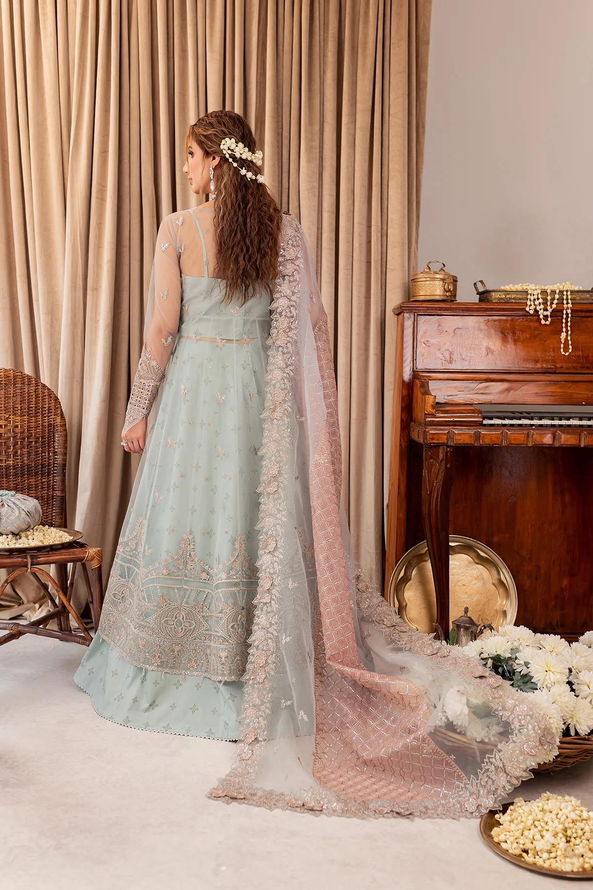 Aqua Blue Embroidered Gown Style Lehenga Pakistani Wedding Dress