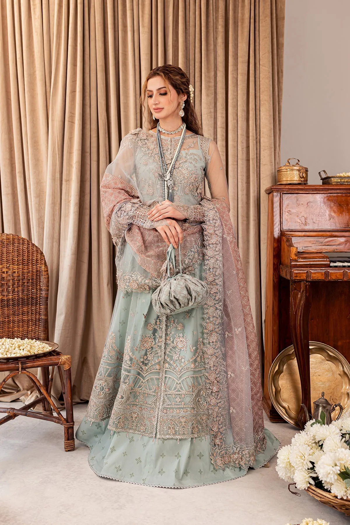 Aqua Blue Embroidered Gown Style Lehenga Pakistani Wedding Dress