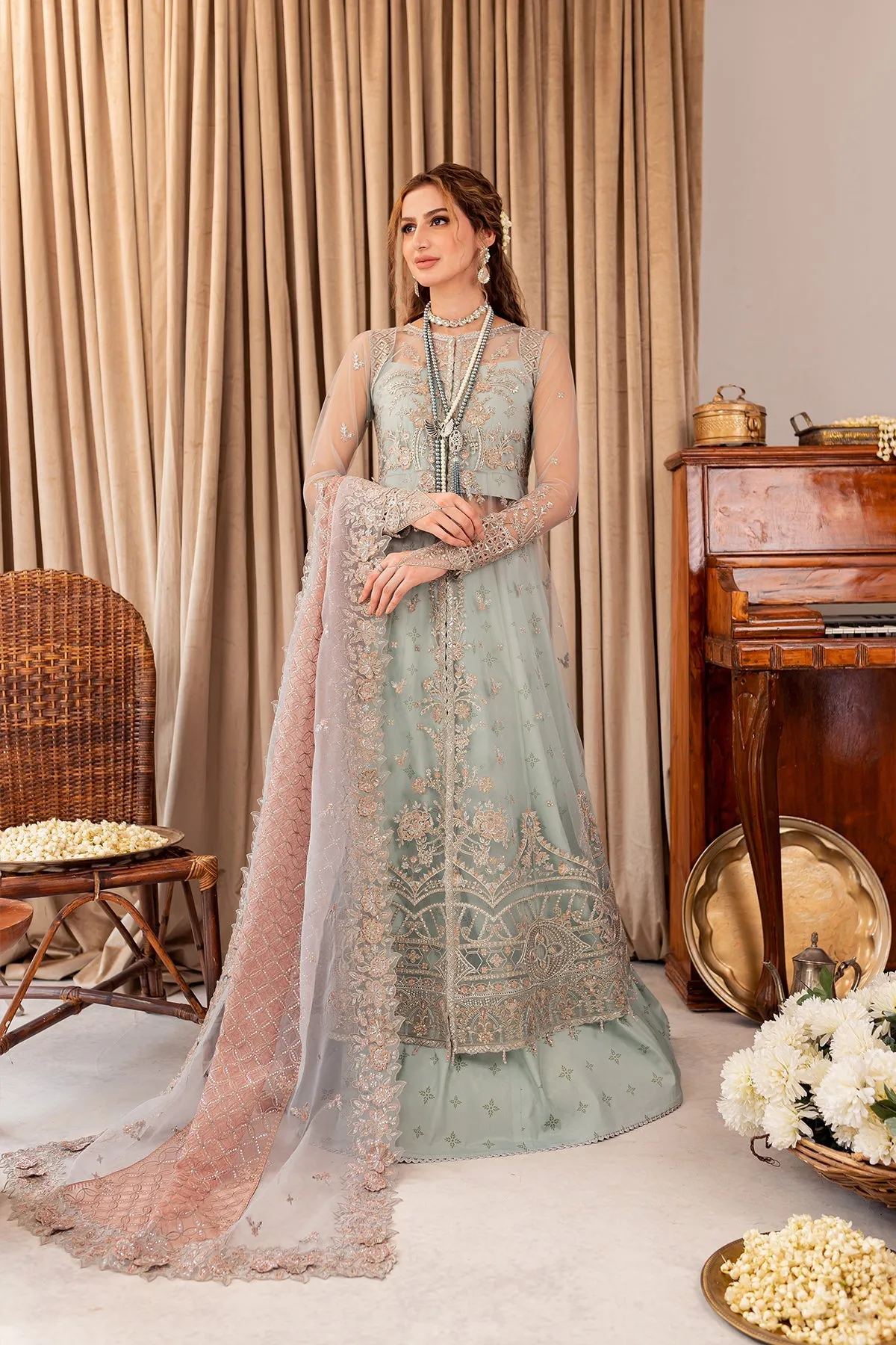 Aqua Blue Embroidered Gown Style Lehenga Pakistani Wedding Dress