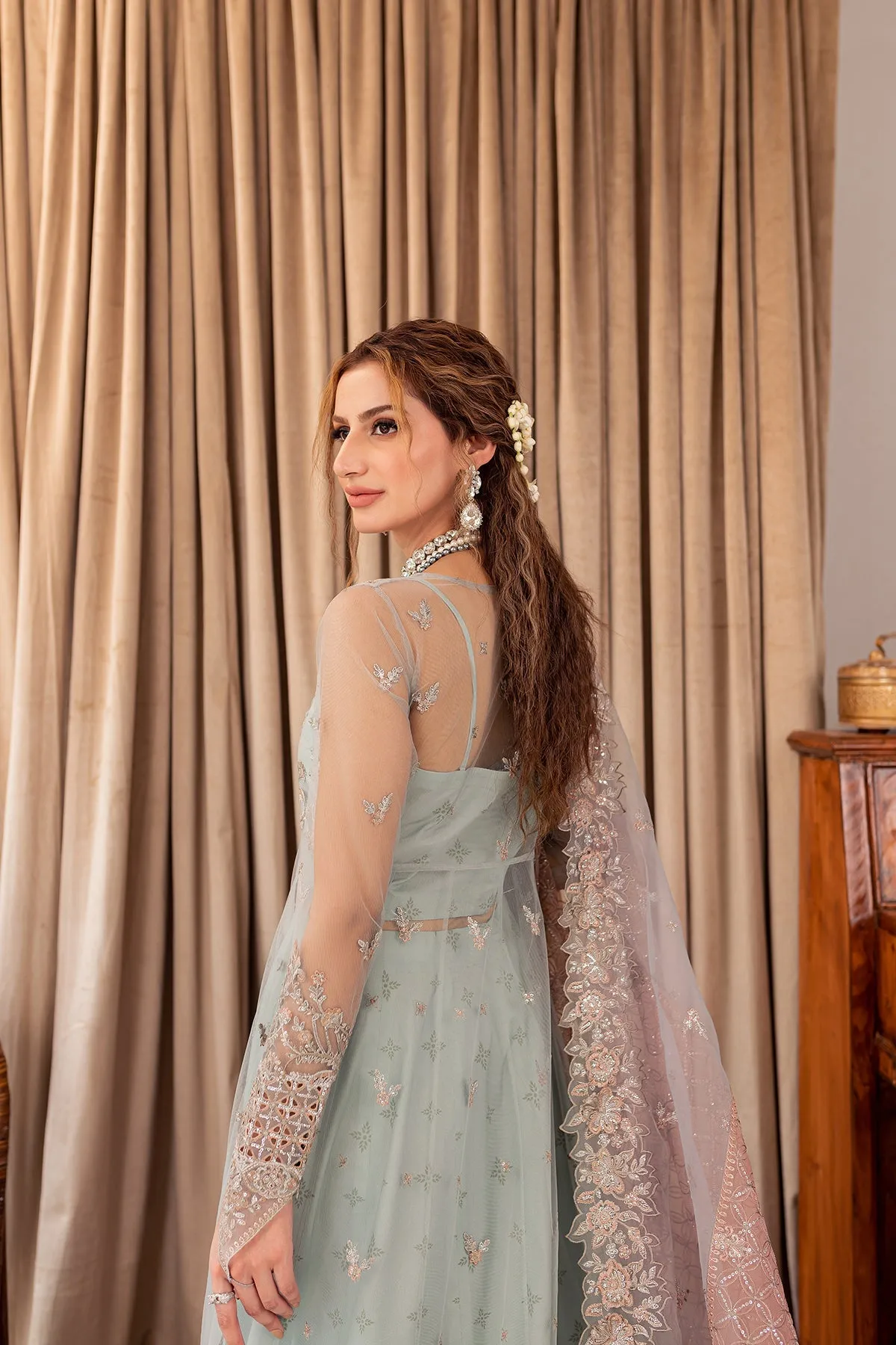 Aqua Blue Embroidered Gown Style Lehenga Pakistani Wedding Dress