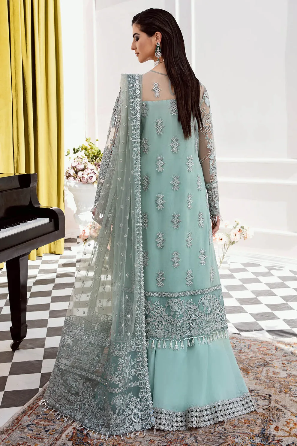 Aqua Blue Heavily Embellished Pakistani Wedding Dress Kameez Sharara