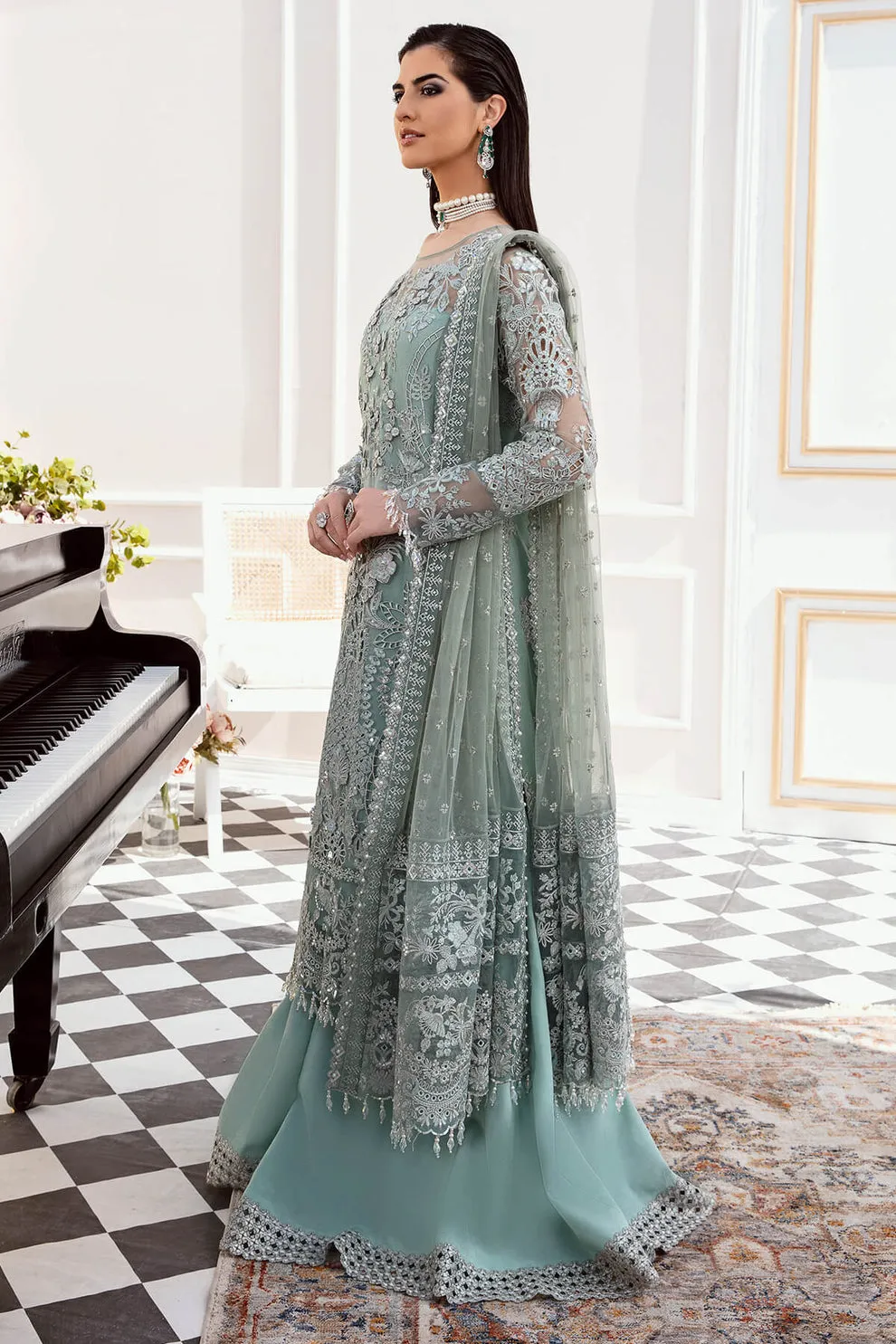 Aqua Blue Heavily Embellished Pakistani Wedding Dress Kameez Sharara