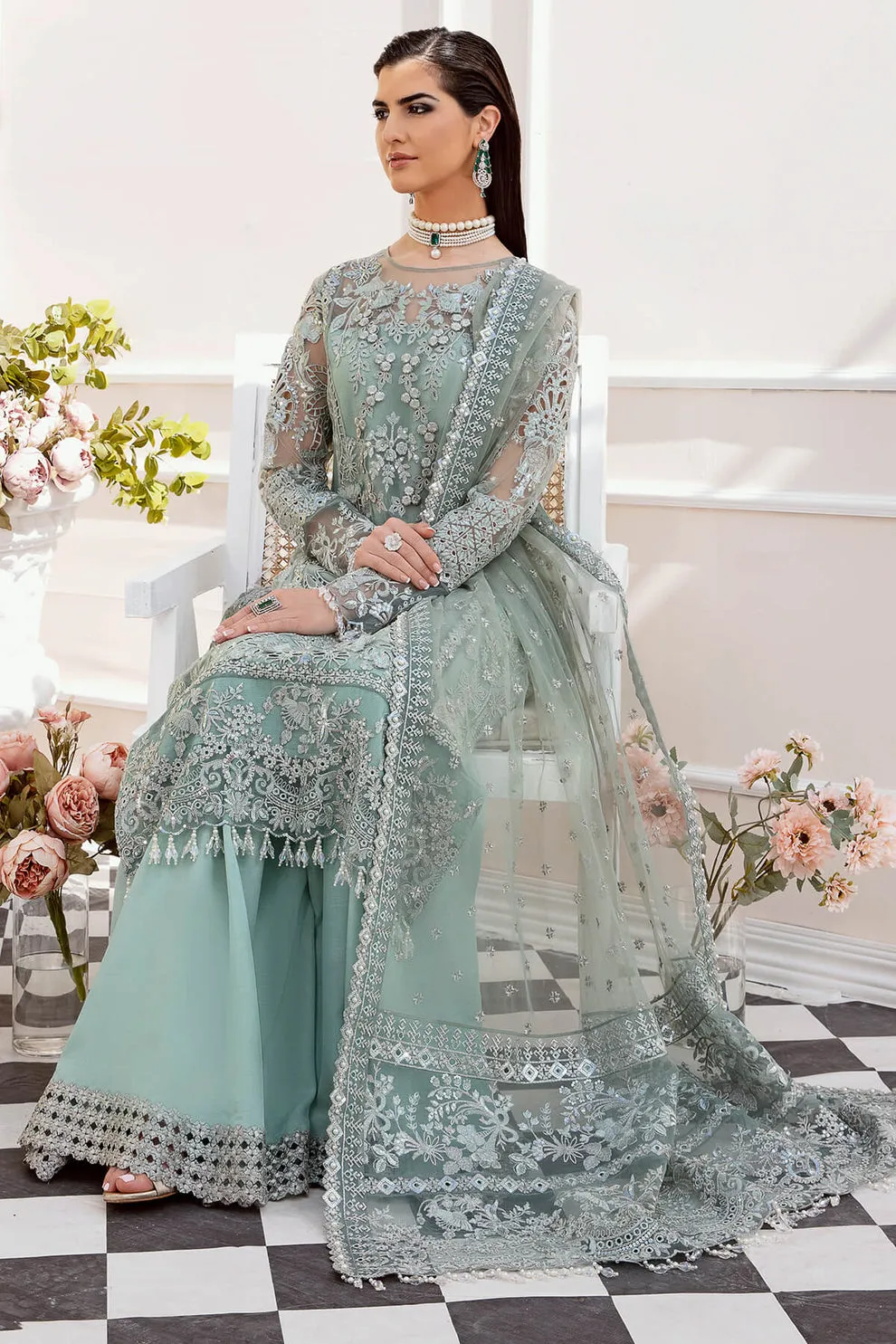 Aqua Blue Heavily Embellished Pakistani Wedding Dress Kameez Sharara