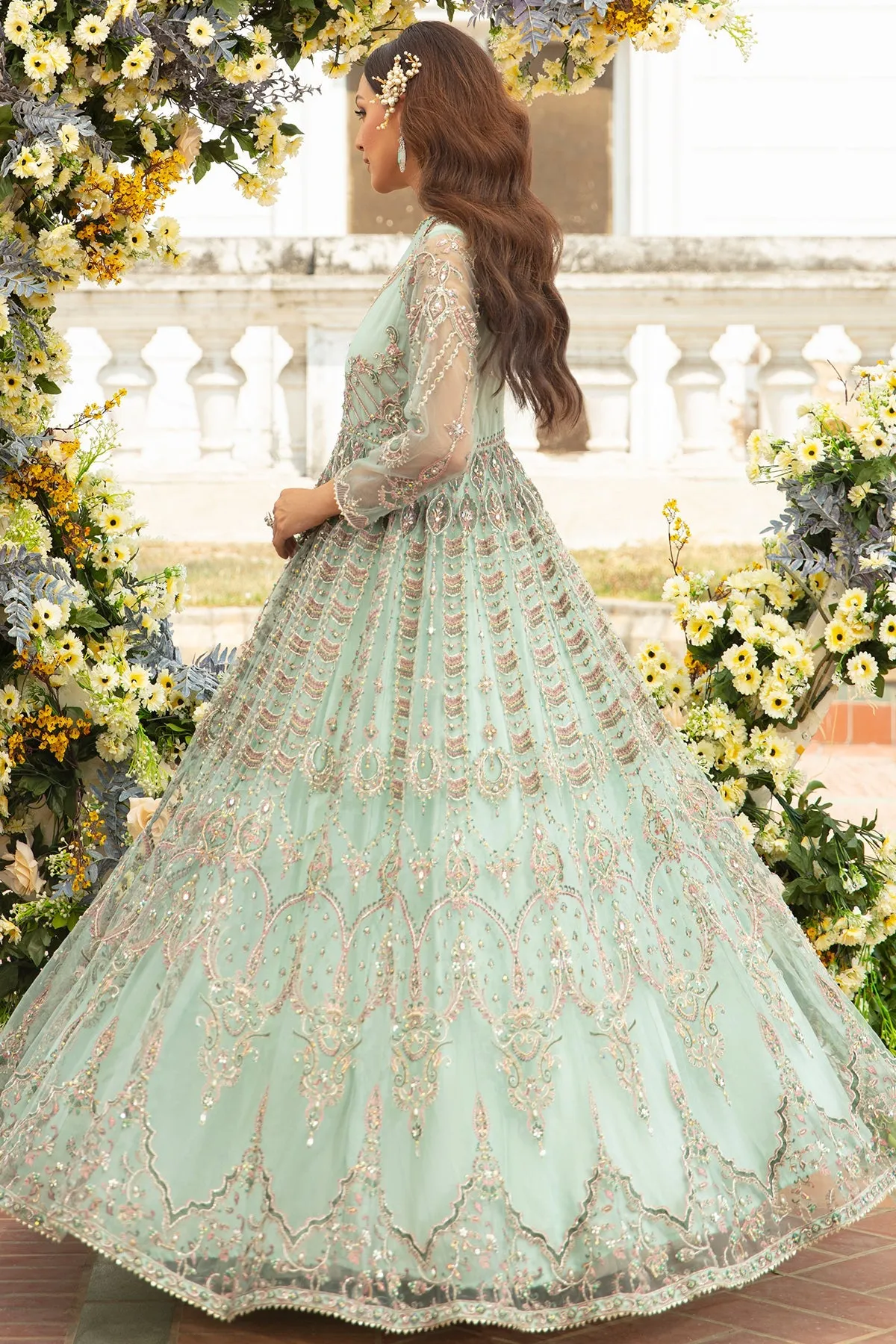 Aqua Blue Heavily Embellished Pishwas Frock Pakistani Wedding Dress