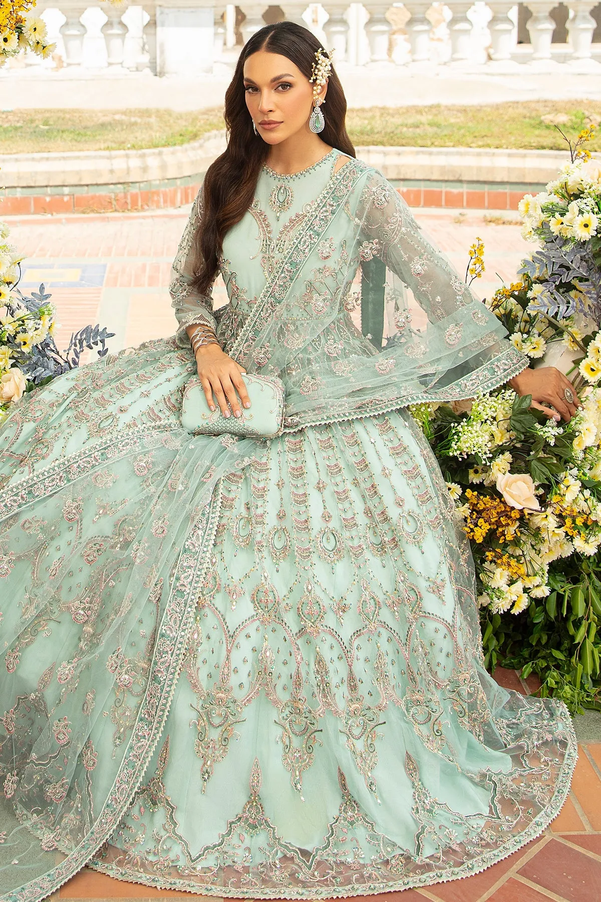 Aqua Blue Heavily Embellished Pishwas Frock Pakistani Wedding Dress