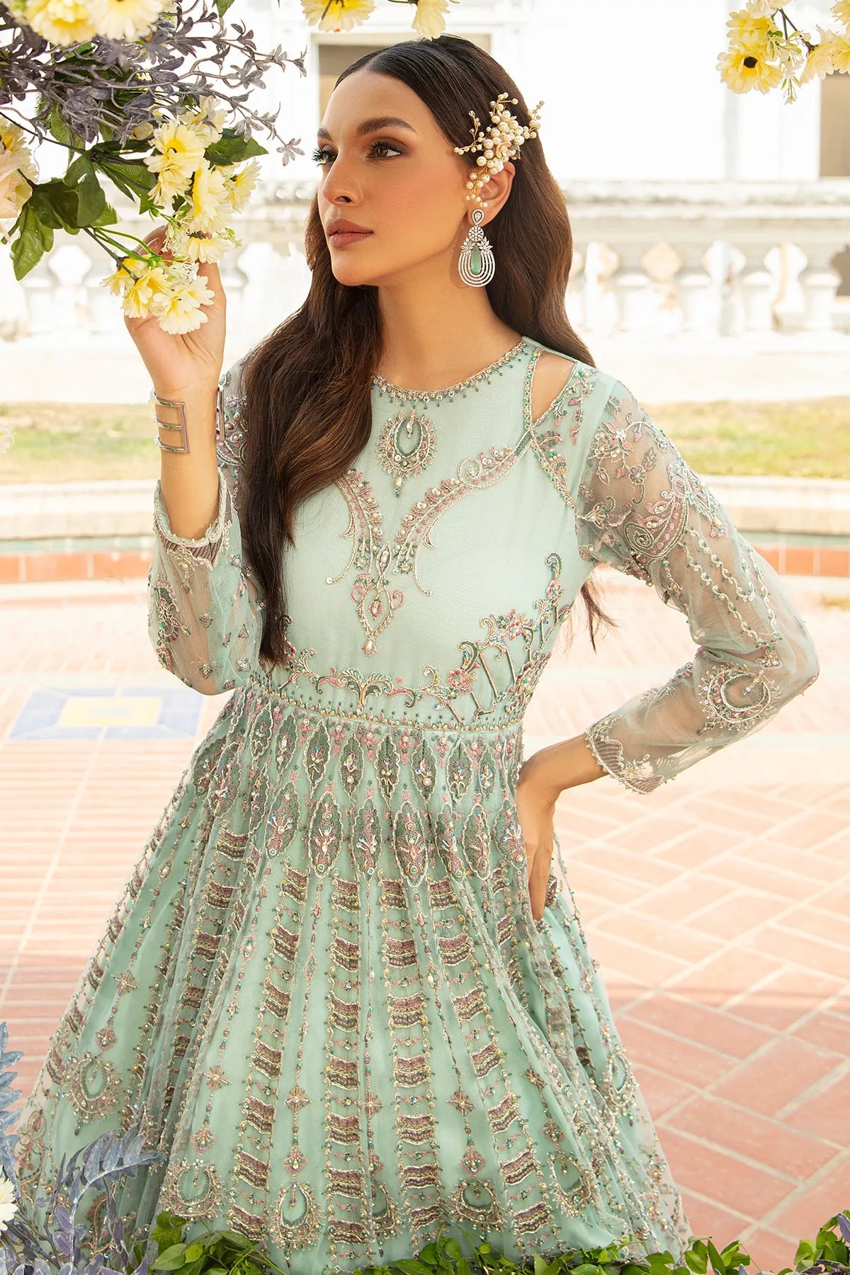 Aqua Blue Heavily Embellished Pishwas Frock Pakistani Wedding Dress