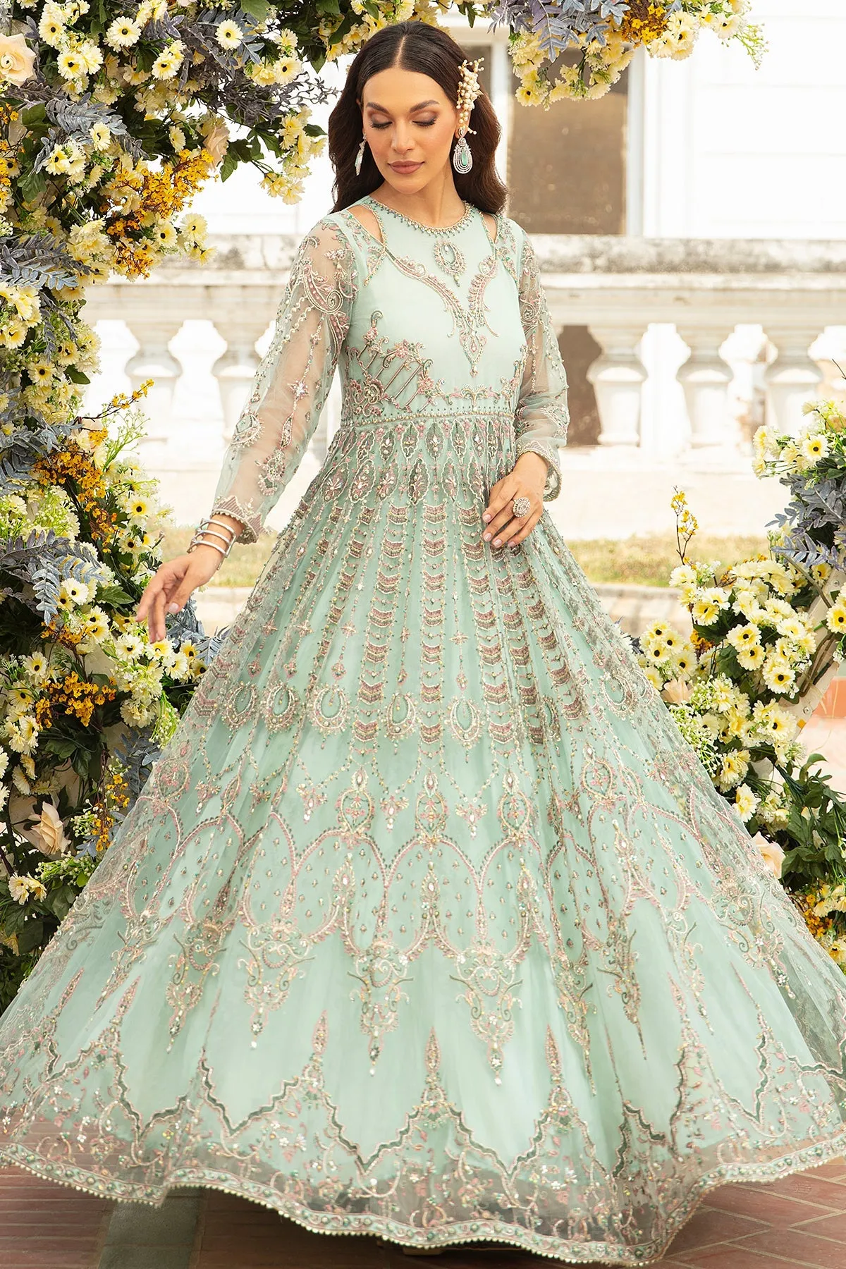 Aqua Blue Heavily Embellished Pishwas Frock Pakistani Wedding Dress