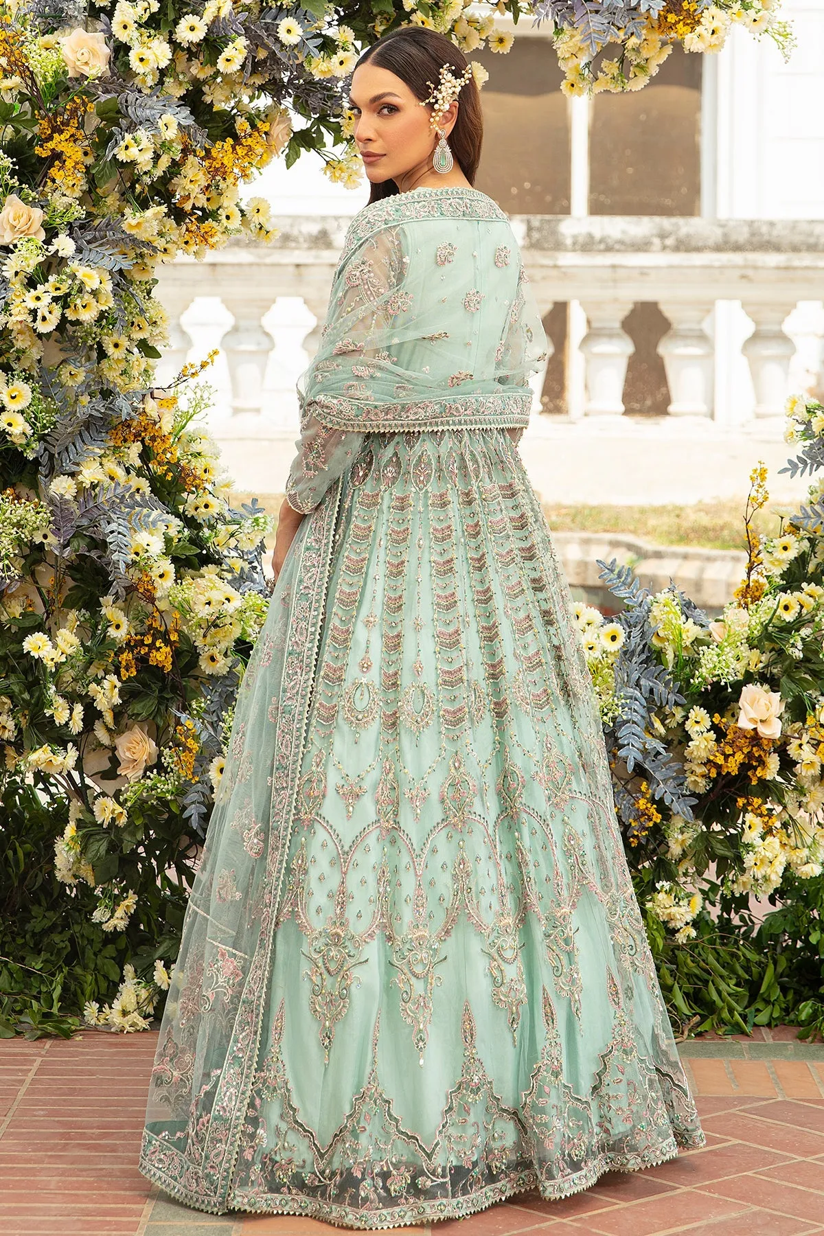 Aqua Blue Heavily Embellished Pishwas Frock Pakistani Wedding Dress