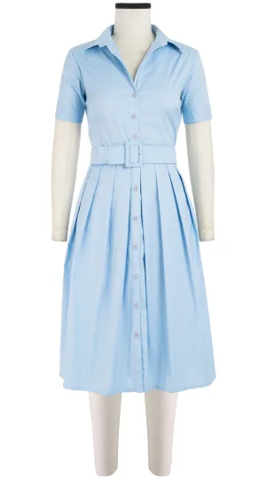 Audrey Dress #1 Shirt Collar Short Sleeve Cotton Stretch_Solid_Shirting Blue