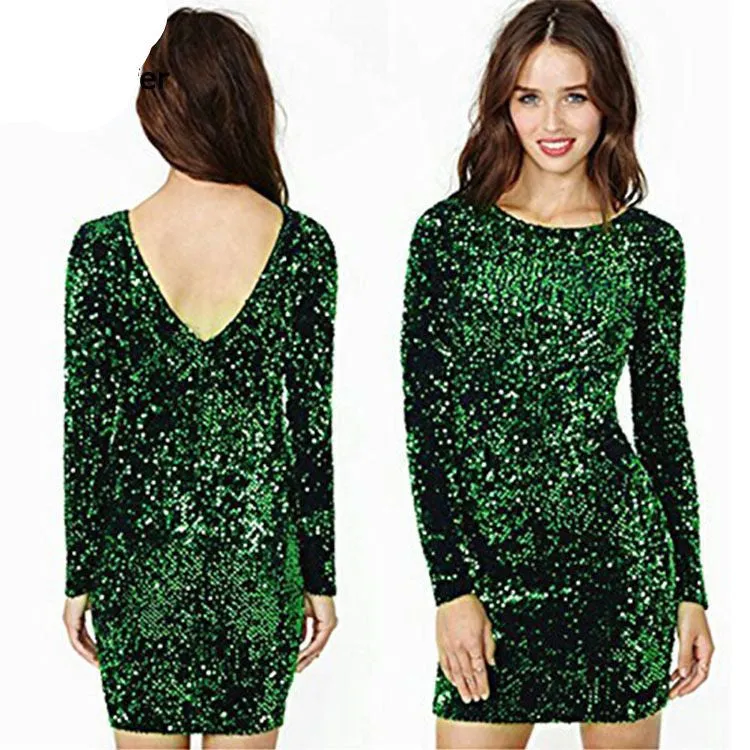 Autumn Winter Sequined Dress Women 2017 Special Occasion Bodycon Dress Party Dresses Long Sleeve Mini Dress Green Vestidos