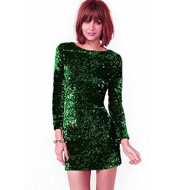Autumn Winter Sequined Dress Women 2017 Special Occasion Bodycon Dress Party Dresses Long Sleeve Mini Dress Green Vestidos