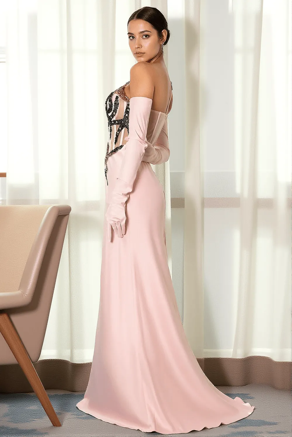 Babis Embroidered Corset Mermaid Evening Dress With Gloves