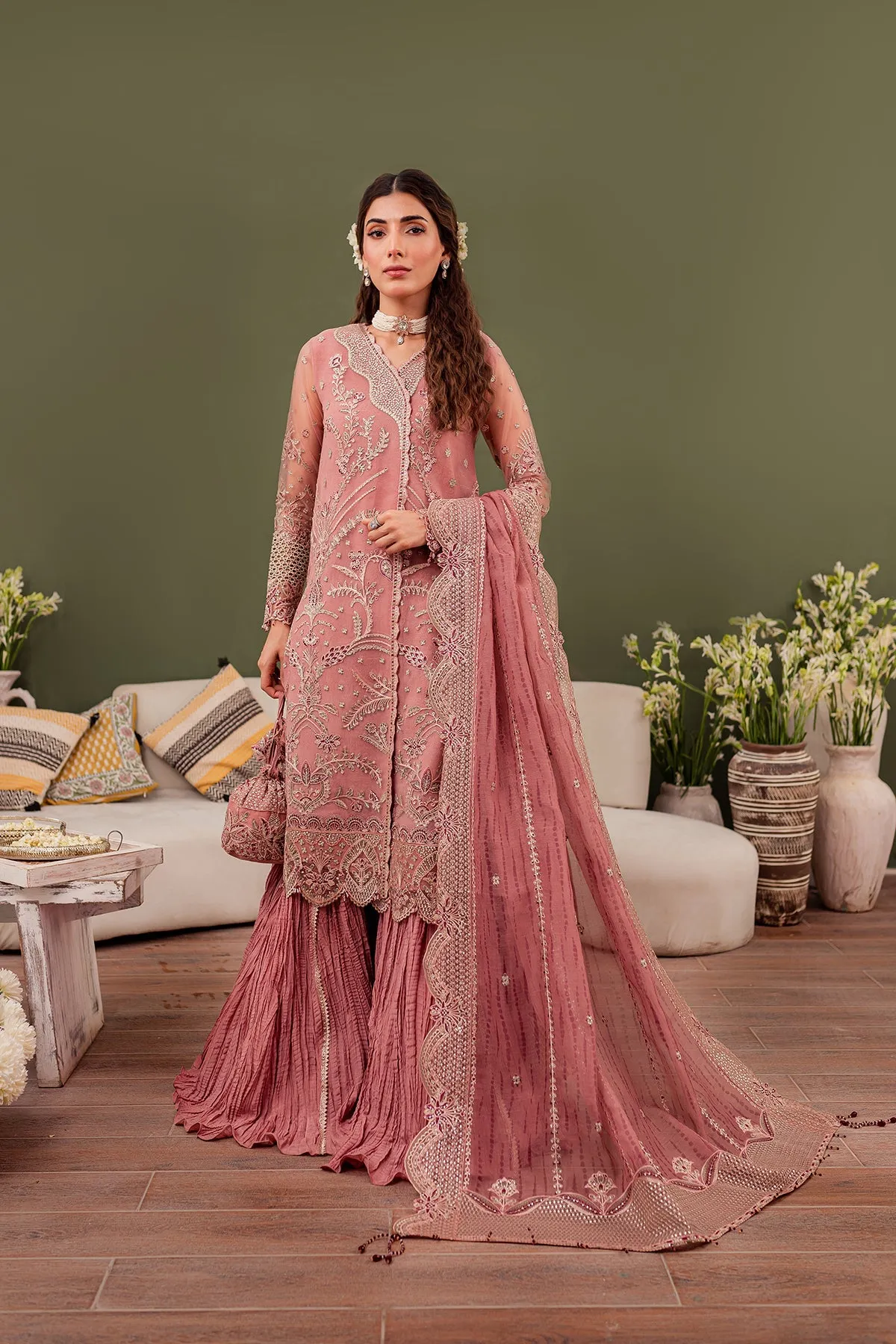 Baby Pink Embroidered Pakistani Wedding Dress in Crushed Sharara Style