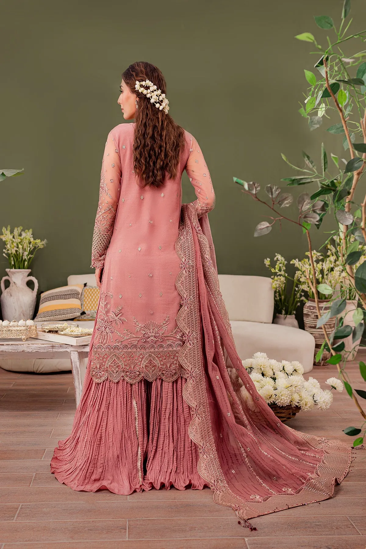 Baby Pink Embroidered Pakistani Wedding Dress in Crushed Sharara Style