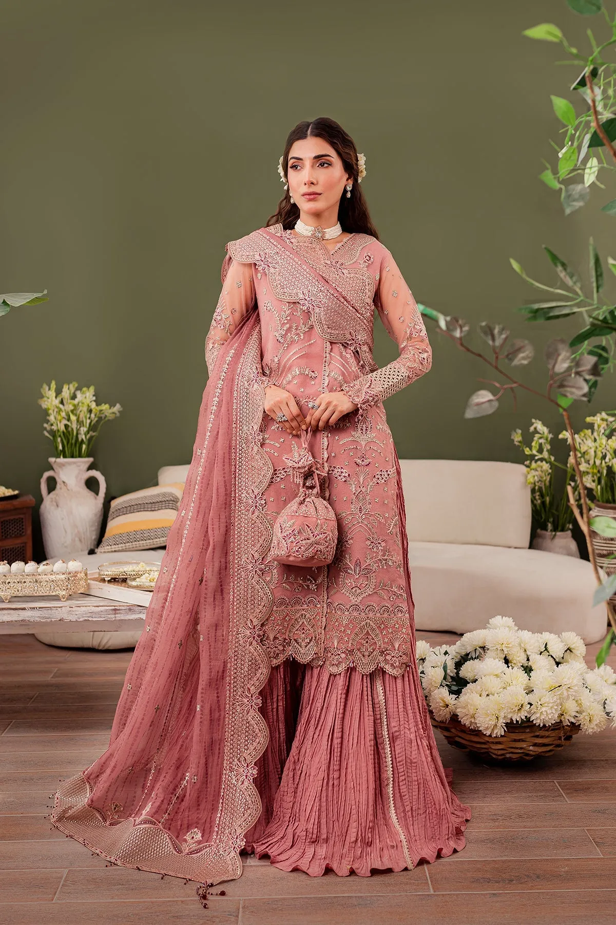 Baby Pink Embroidered Pakistani Wedding Dress in Crushed Sharara Style