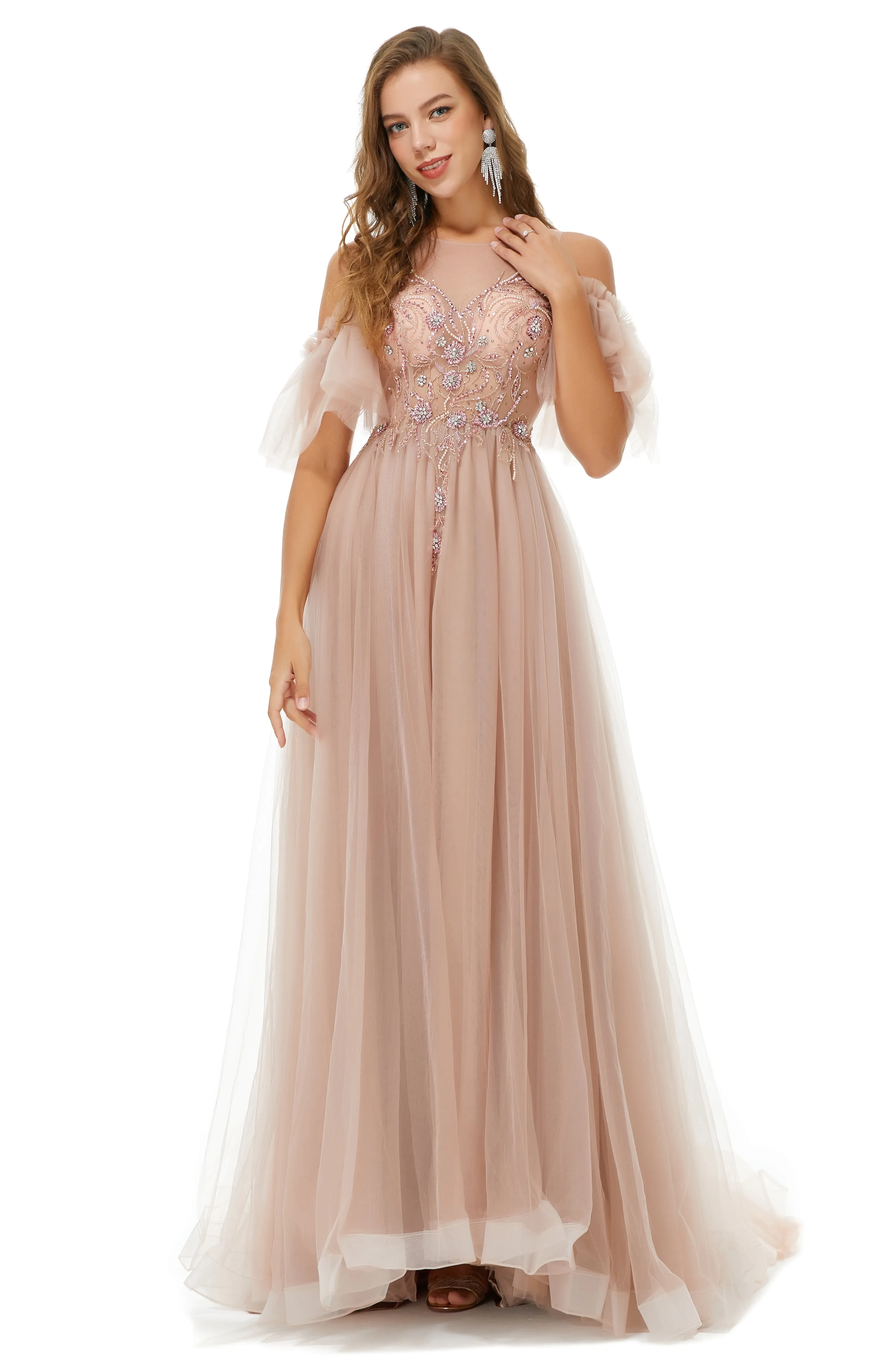 Ballbella Design | Sparkle Beaded Cool shoulder A-line Beaded Prom Dresses