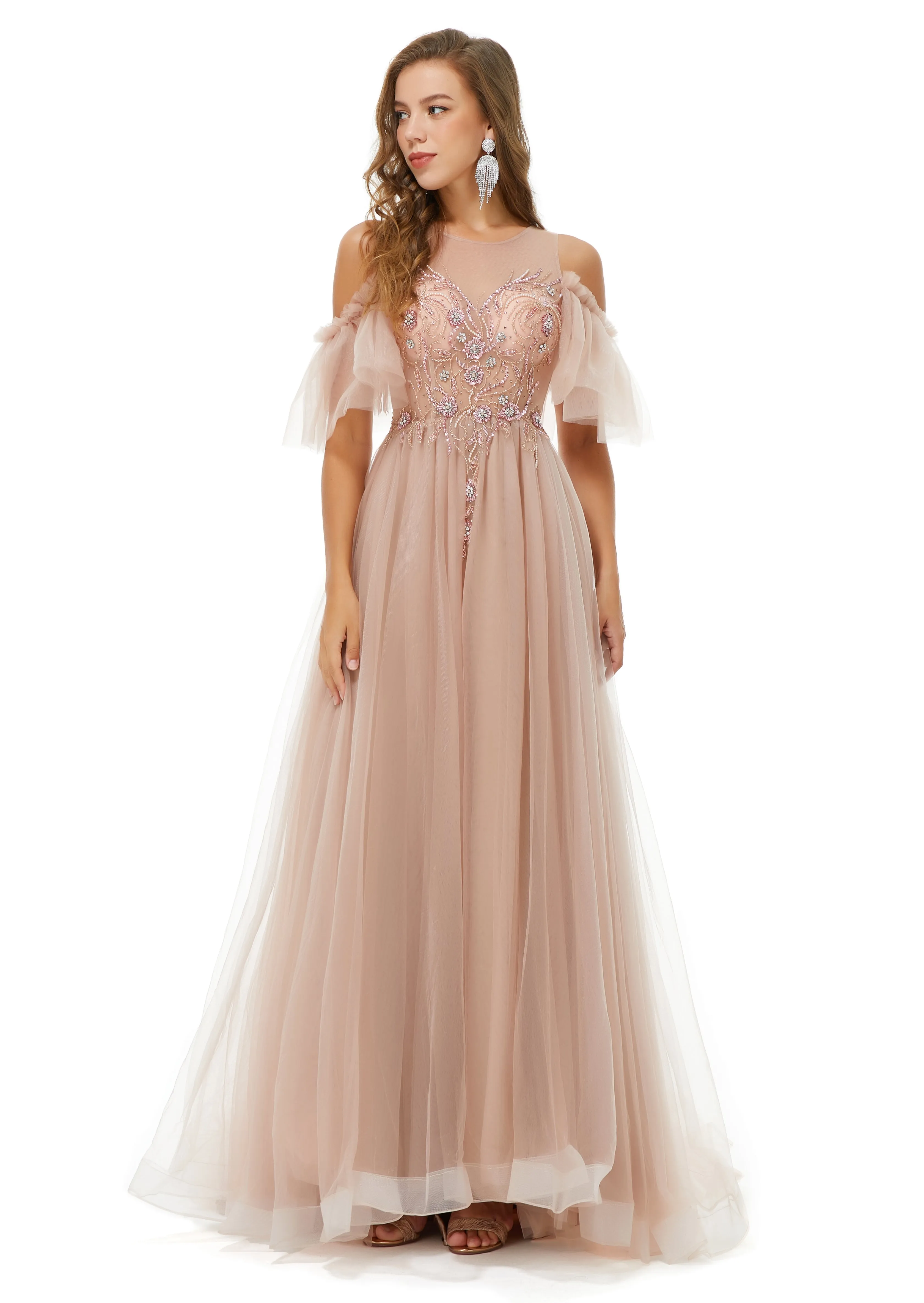 Ballbella Design | Sparkle Beaded Cool shoulder A-line Beaded Prom Dresses