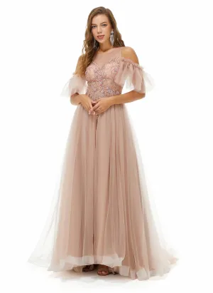 Ballbella Design | Sparkle Beaded Cool shoulder A-line Beaded Prom Dresses