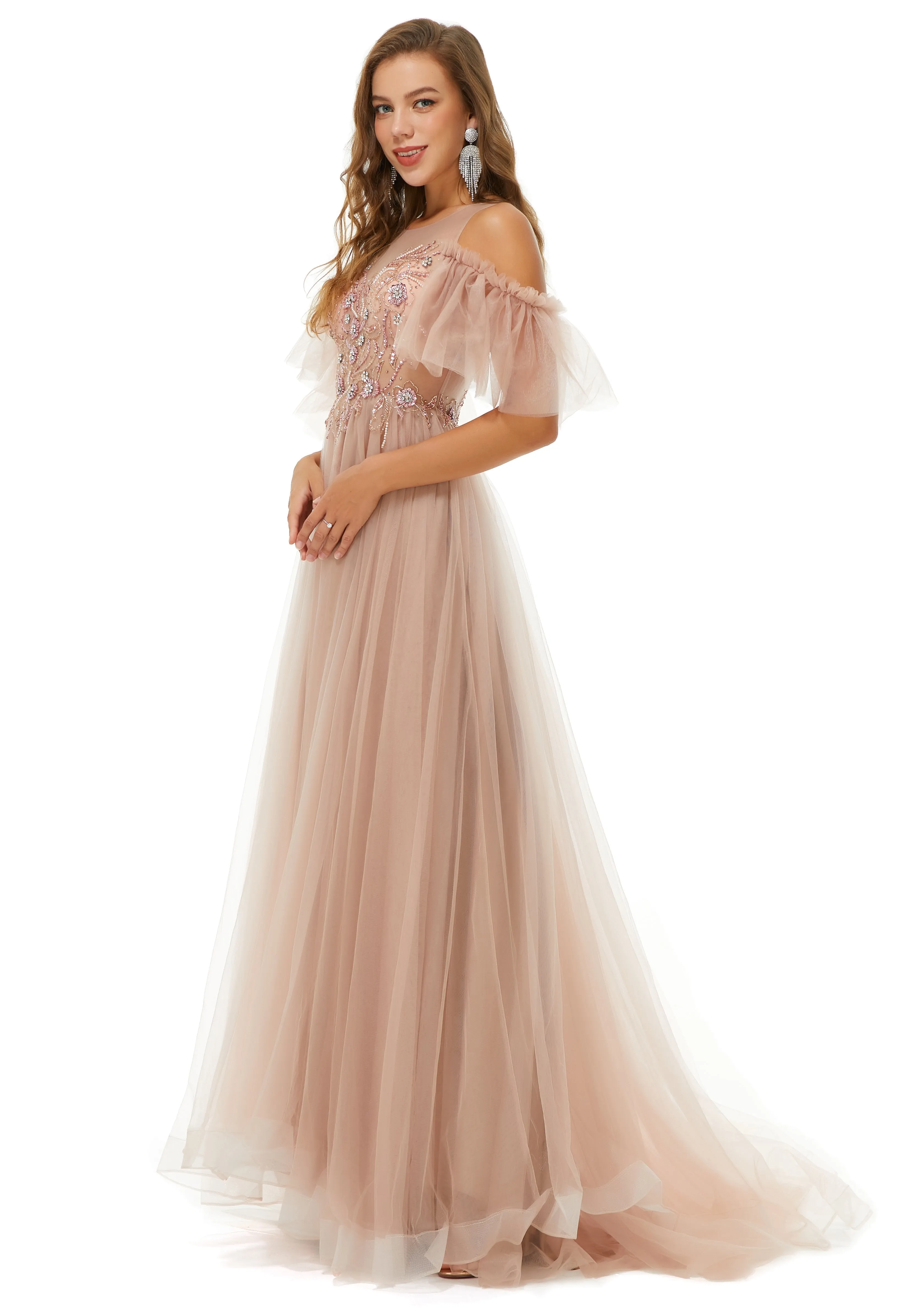 Ballbella Design | Sparkle Beaded Cool shoulder A-line Beaded Prom Dresses
