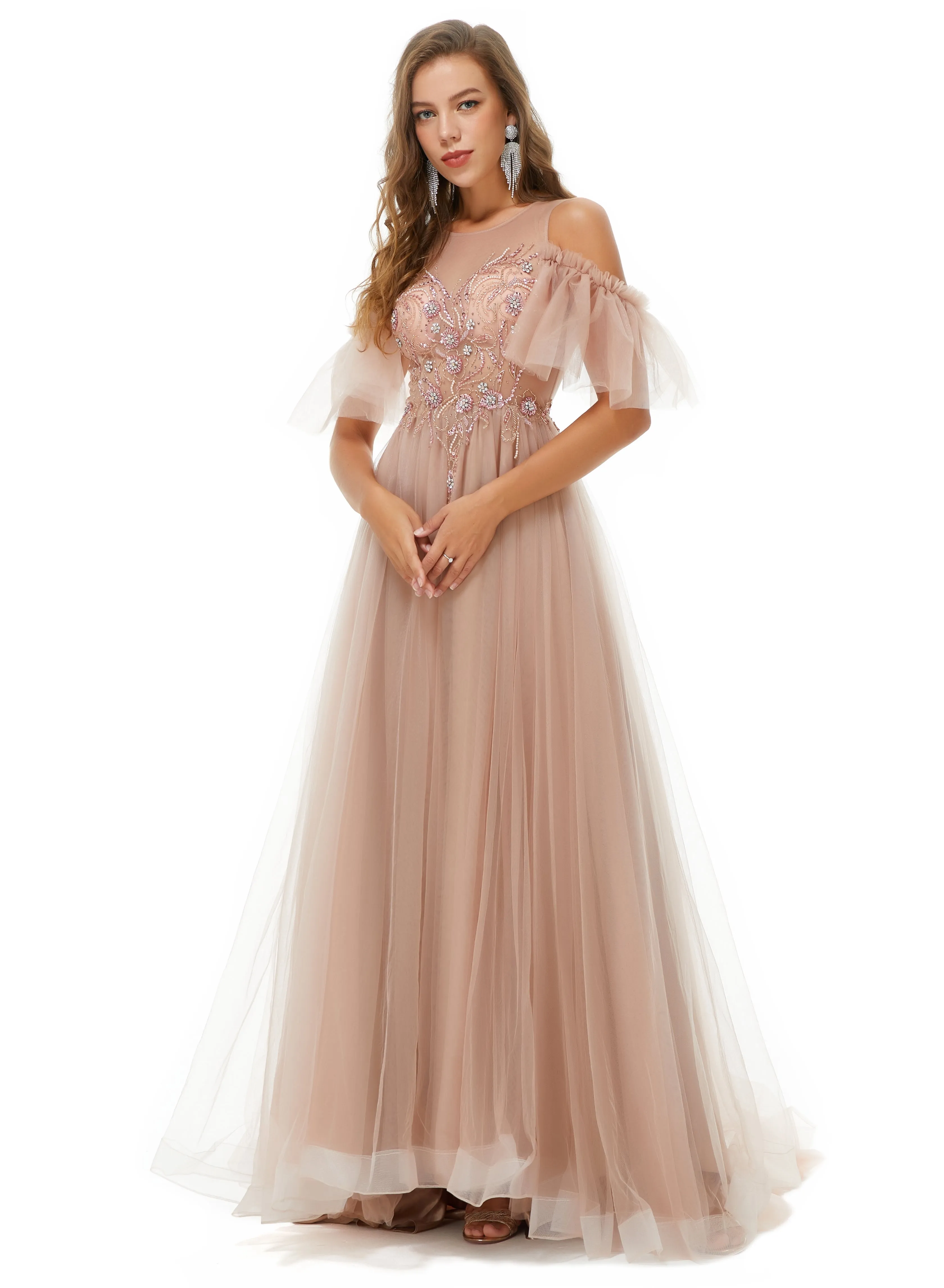 Ballbella Design | Sparkle Beaded Cool shoulder A-line Beaded Prom Dresses