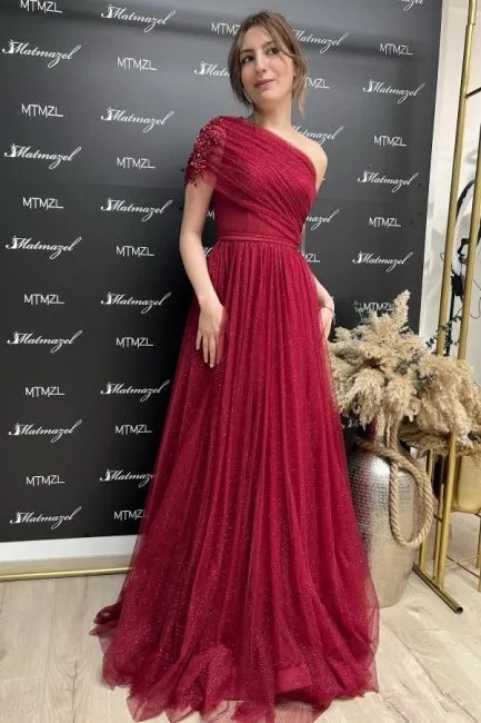Ballbella Fabulous Burgundy One Shoulder Sleeveless Prom Dress With Slit Long Glitter