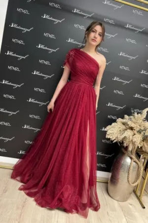 Ballbella Fabulous Burgundy One Shoulder Sleeveless Prom Dress With Slit Long Glitter