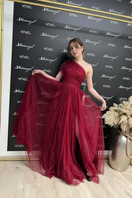 Ballbella Fabulous Burgundy One Shoulder Sleeveless Prom Dress With Slit Long Glitter