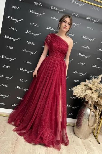 Ballbella Fabulous Burgundy One Shoulder Sleeveless Prom Dress With Slit Long Glitter