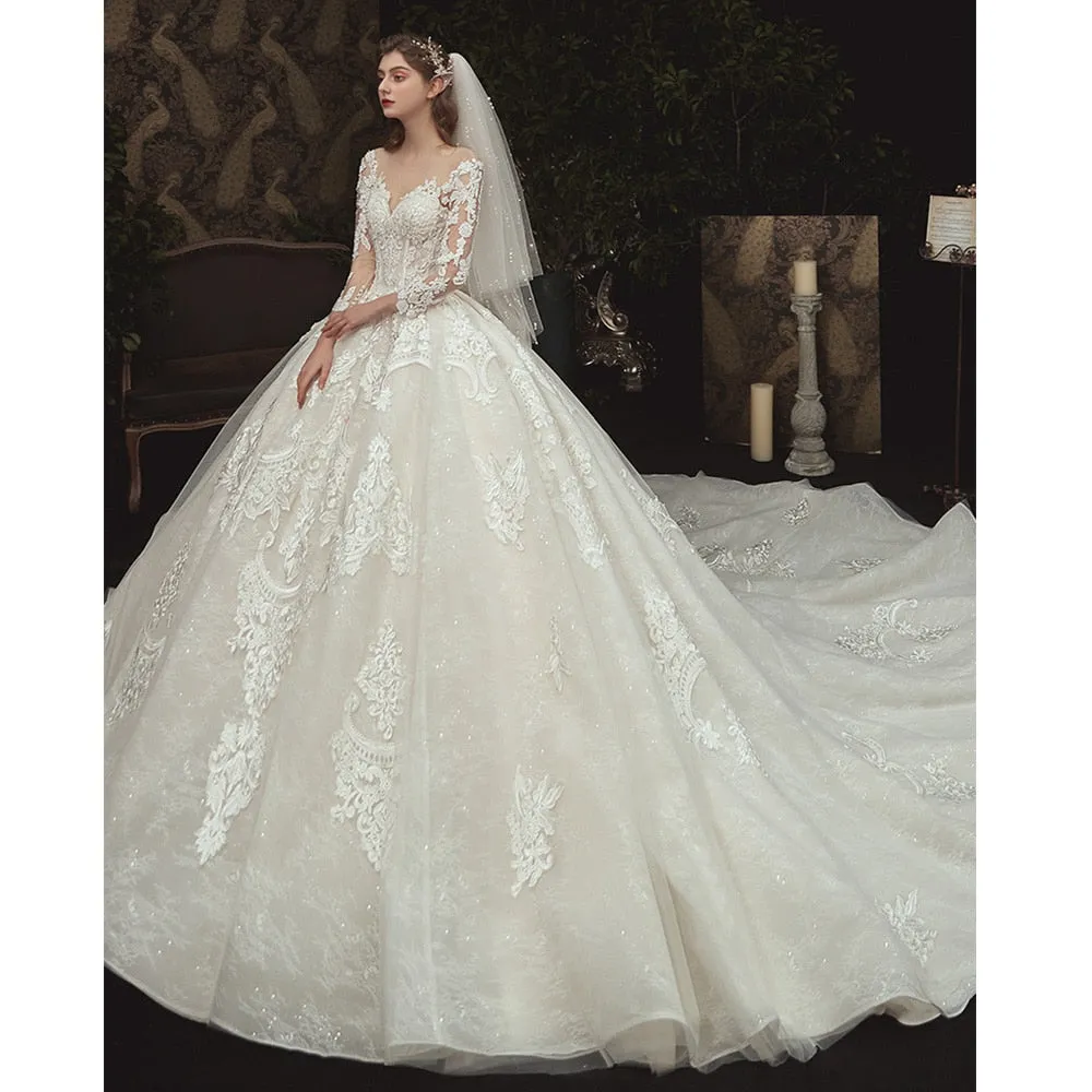 Beading Pearls Appliques Lace Illusion Princess Ball Gown