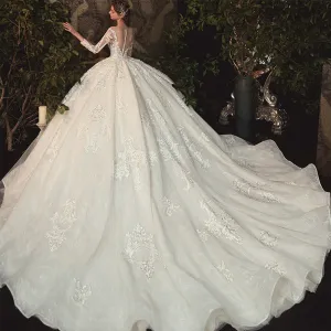 Beading Pearls Appliques Lace Illusion Princess Ball Gown