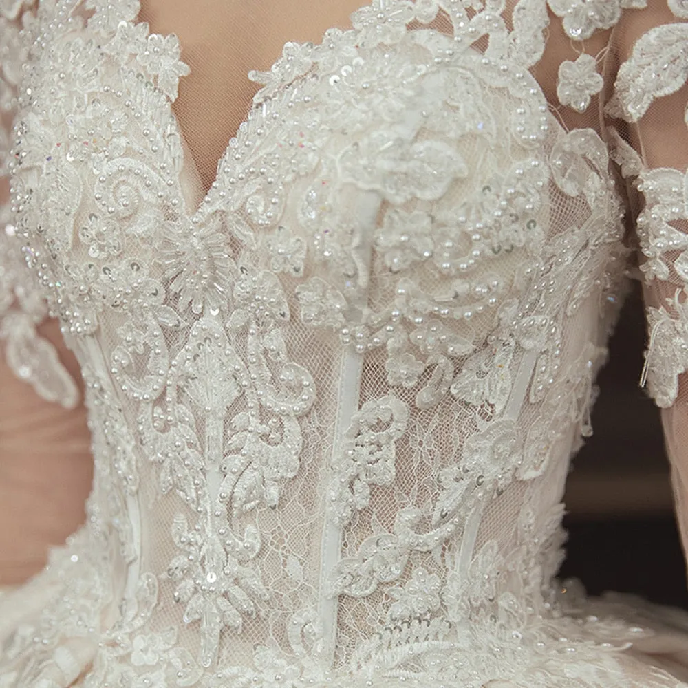Beading Pearls Appliques Lace Illusion Princess Ball Gown