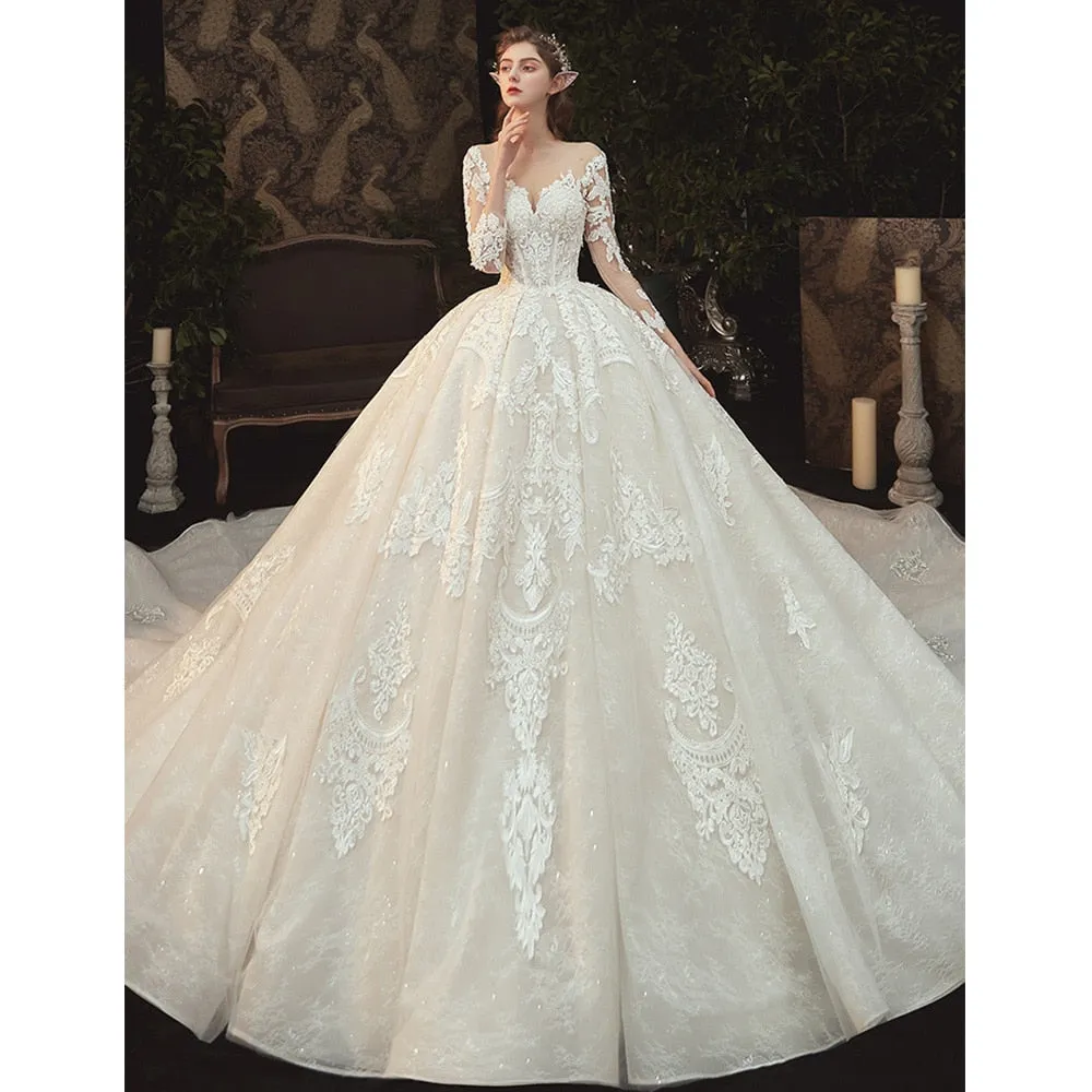Beading Pearls Appliques Lace Illusion Princess Ball Gown