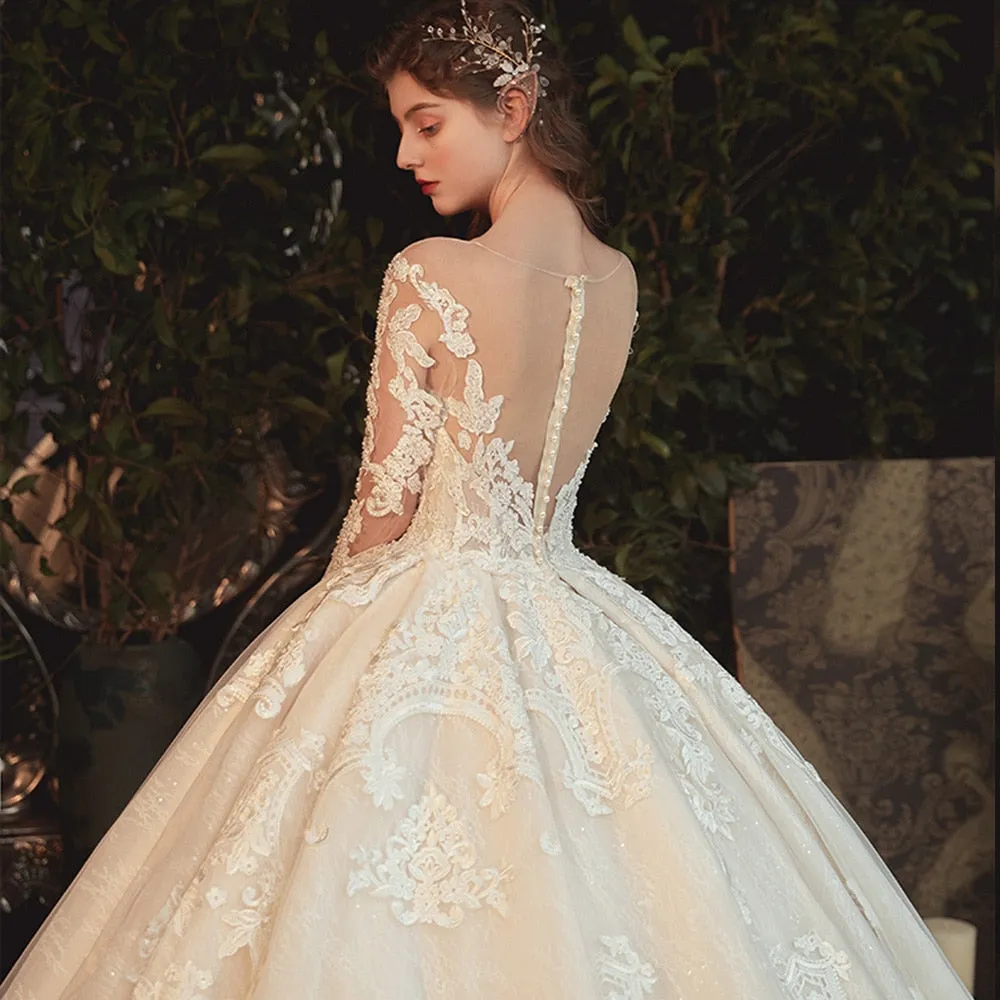 Beading Pearls Appliques Lace Illusion Princess Ball Gown