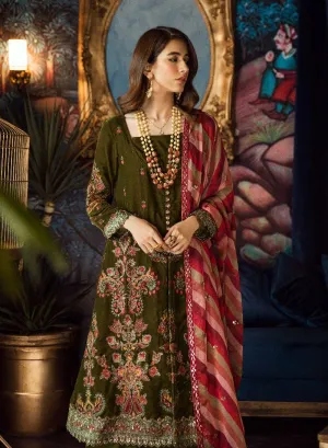 Beautiful chiffon and velvet embroidered dress in olive green color # P2466