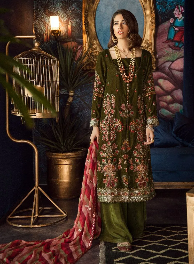 Beautiful chiffon and velvet embroidered dress in olive green color # P2466
