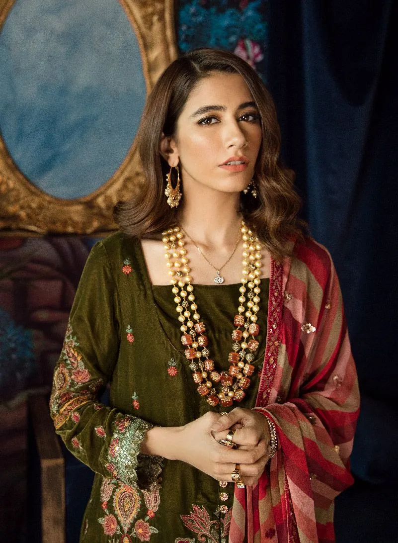 Beautiful chiffon and velvet embroidered dress in olive green color # P2466