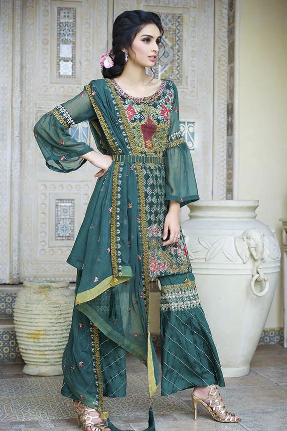 Beautiful crinkle chiffon outfit in green-blossom color # P2296