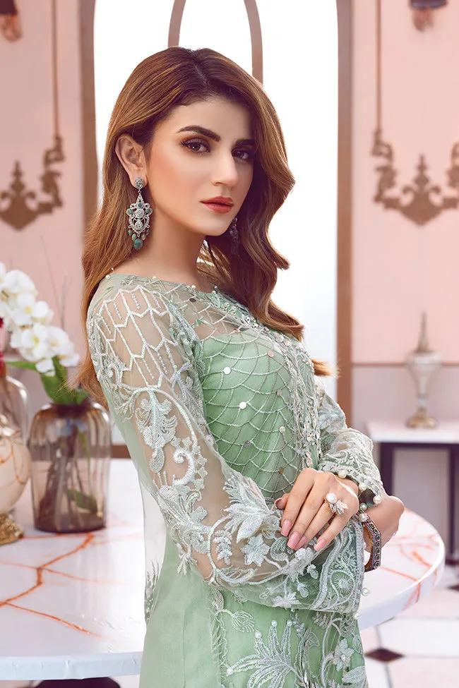 Beautiful designer Asian net embroidered outfit in green color # P2333