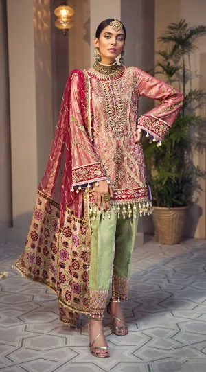 Beautiful embroidered Pakistani net dress in pink and red color # P2348