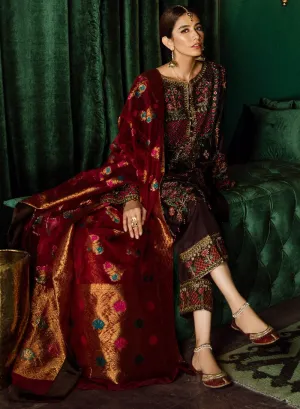 Beautiful Pakistani jamawar and velvet embroidered dress in brown color # P2465