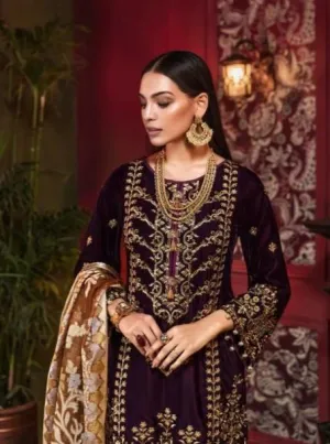 Beautiful Pakistani velvet embroidered dress in rich maroon color # P2454