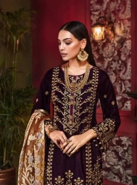 Beautiful Pakistani velvet embroidered dress in rich maroon color # P2454