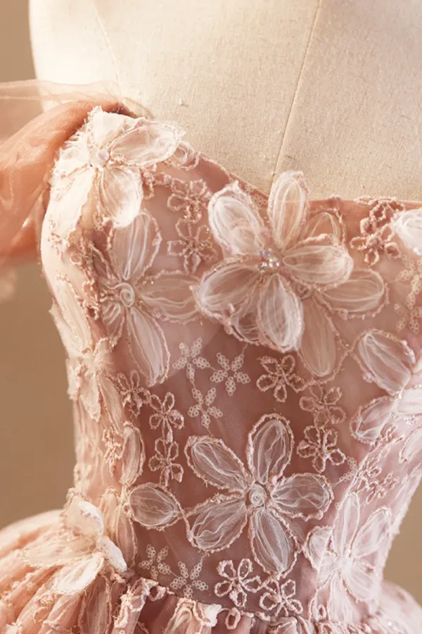 Beautiful Tulle Flower Knee Length Prom Dress, Off the Shoulder Short Sleeve Evening Party Dress APH0270
