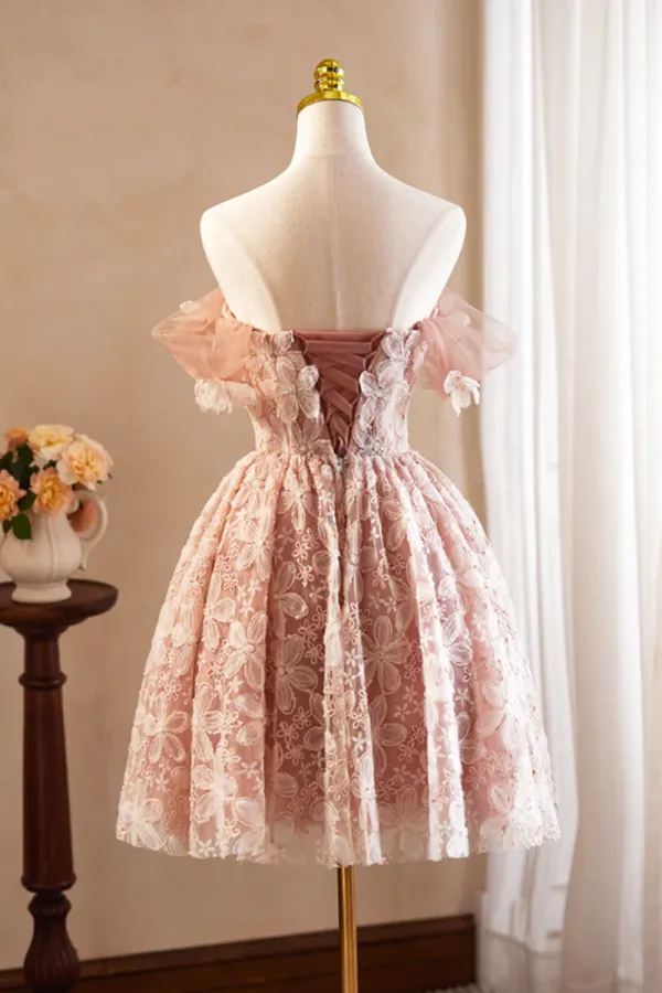 Beautiful Tulle Flower Knee Length Prom Dress, Off the Shoulder Short Sleeve Evening Party Dress APH0270