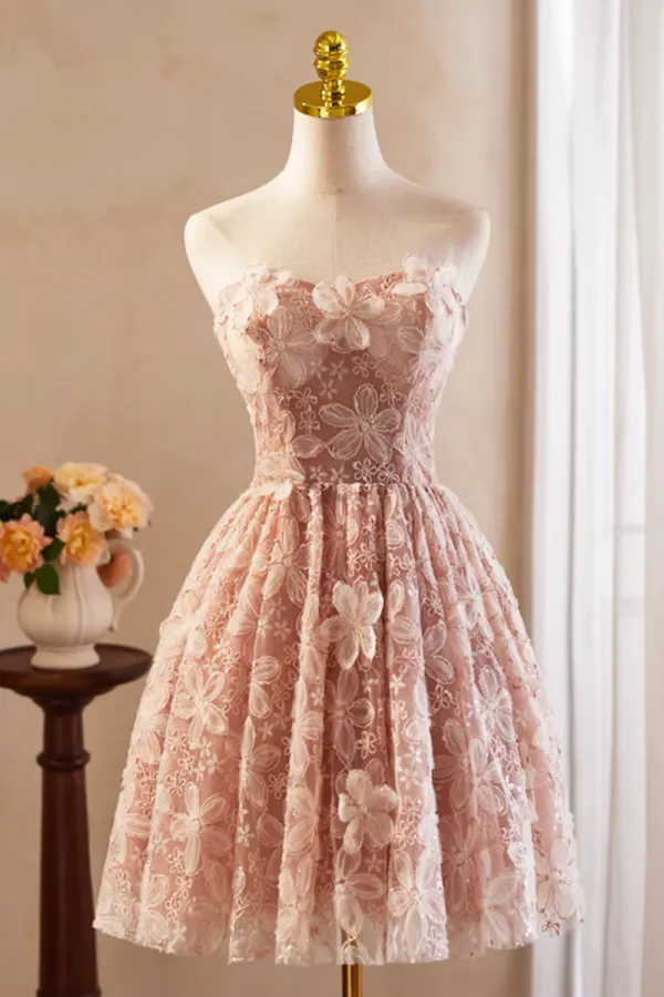 Beautiful Tulle Flower Knee Length Prom Dress, Off the Shoulder Short Sleeve Evening Party Dress APH0270