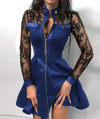 BerryBetty - Black Lace Sleeve Pu Faux Leather Plus Size Dress Fashion V-Neck Zipper Party Dress