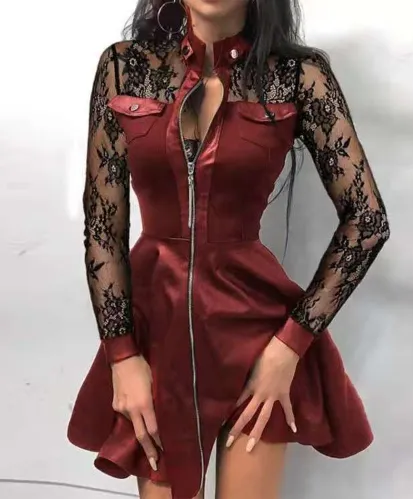 BerryBetty - Black Lace Sleeve Pu Faux Leather Plus Size Dress Fashion V-Neck Zipper Party Dress