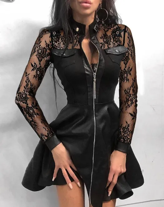 BerryBetty - Black Lace Sleeve Pu Faux Leather Plus Size Dress Fashion V-Neck Zipper Party Dress