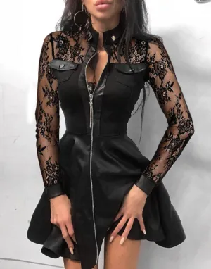 BerryBetty - Black Lace Sleeve Pu Faux Leather Plus Size Dress Fashion V-Neck Zipper Party Dress